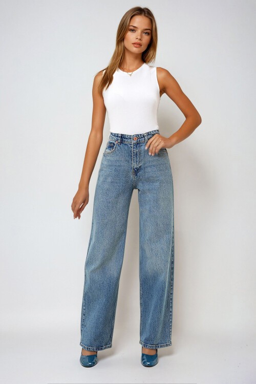 Mavi Yüksek Bel Palazzo Kesim Jean Pantolon