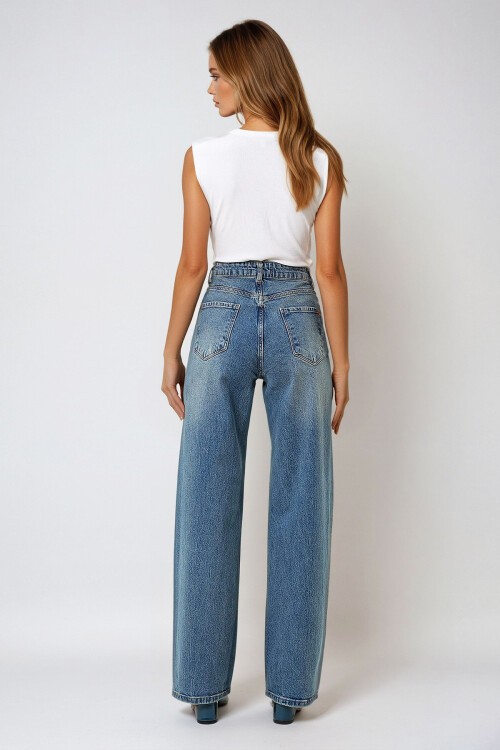 Mavi Yüksek Bel Palazzo Kesim Jean Pantolon