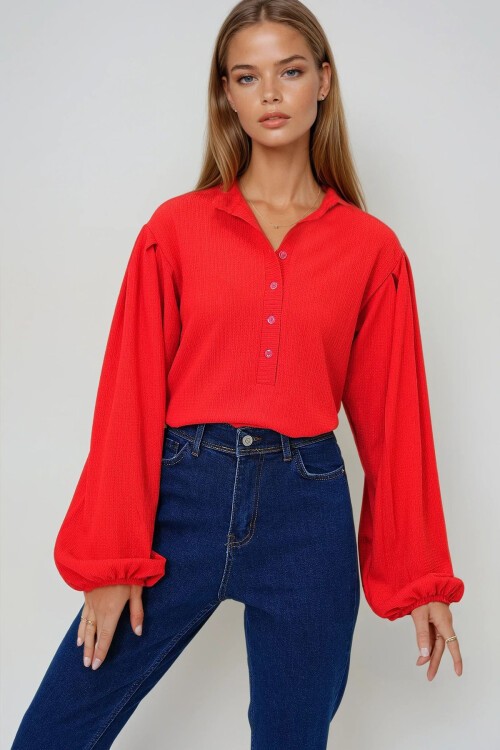 Mercan Hakim Yaka Önü Düğmeli Balon Kol Dokulu Bürümcük Gömlek Bluz