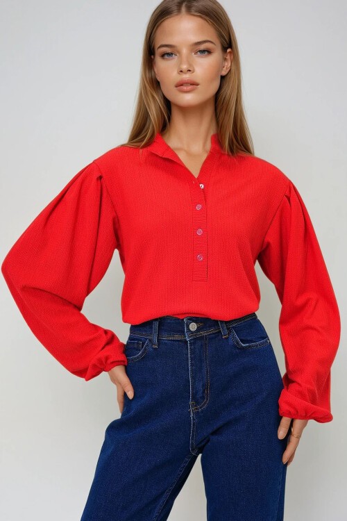 Mercan Hakim Yaka Önü Düğmeli Balon Kol Dokulu Bürümcük Gömlek Bluz