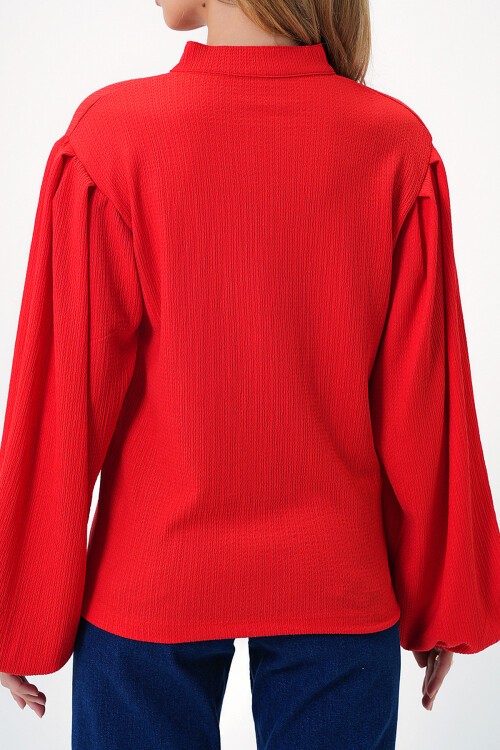 Mercan Hakim Yaka Önü Düğmeli Balon Kol Dokulu Bürümcük Gömlek Bluz