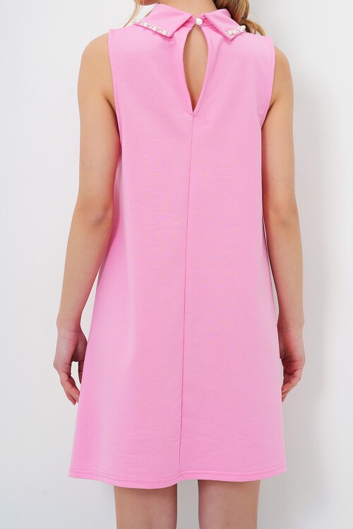 Pembe Suni İnci Yakalı Kolsuz Basic Elbise