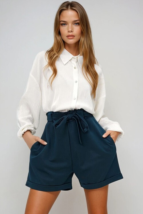 Petrol Yeşili Beli Lastikli Kemerli Çift Cep Duble Paça Carrot Gabardin Şort