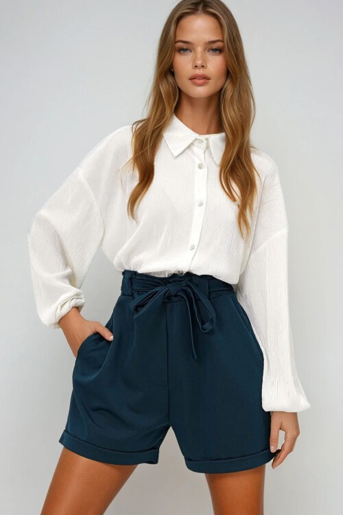 Petrol Yeşili Beli Lastikli Kemerli Çift Cep Duble Paça Carrot Gabardin Şort