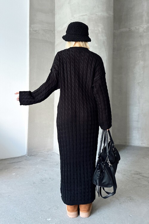 Siyah Bisiklet Yaka Saç Örgülü Kadın Triko Midi Elbise