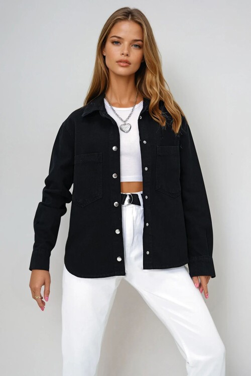 Siyah Çift Cepli Çıtçıt Kapamalı Jean Ceket