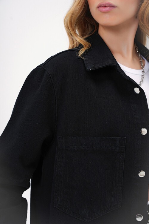 Siyah Çift Cepli Çıtçıt Kapamalı Jean Ceket