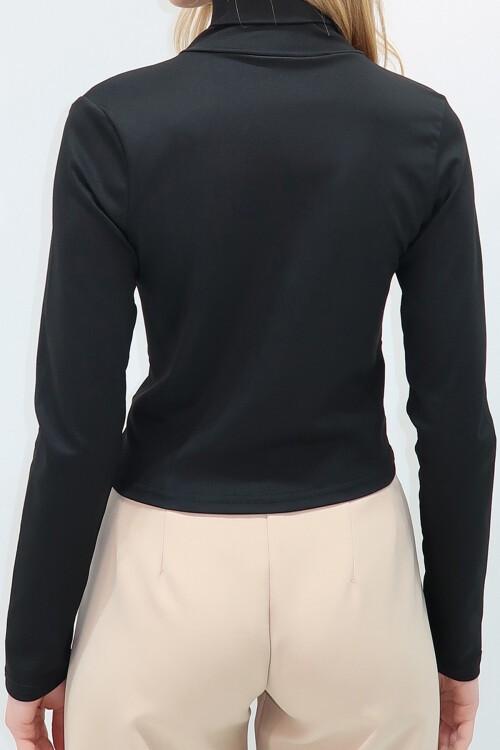 Siyah Dik Yaka Düğüm Detaylı Scuba Kumaş Mevsimlik Bluz