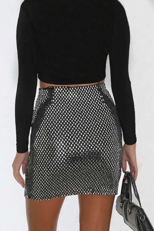 Siyah İçi Astarlı Pul Payetli  Mini Etek