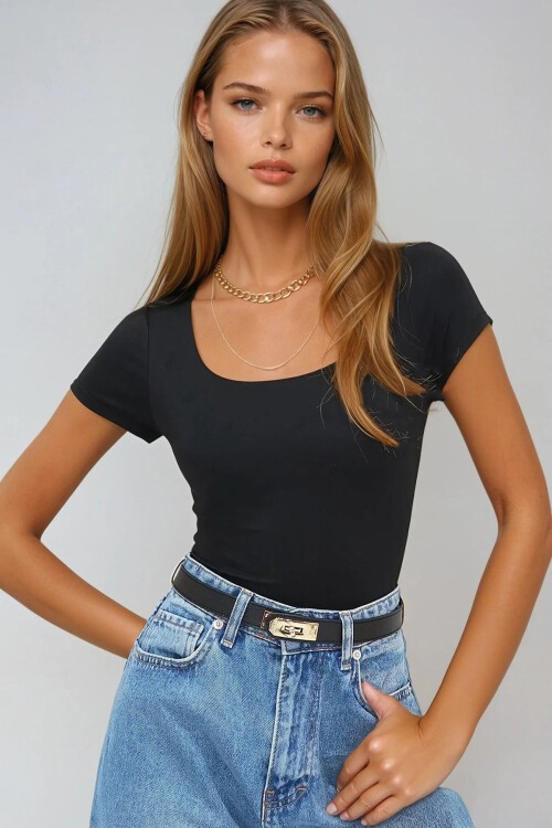 Siyah Kare Yaka Alttan Çıtçıtlı Kısa Kollu Body