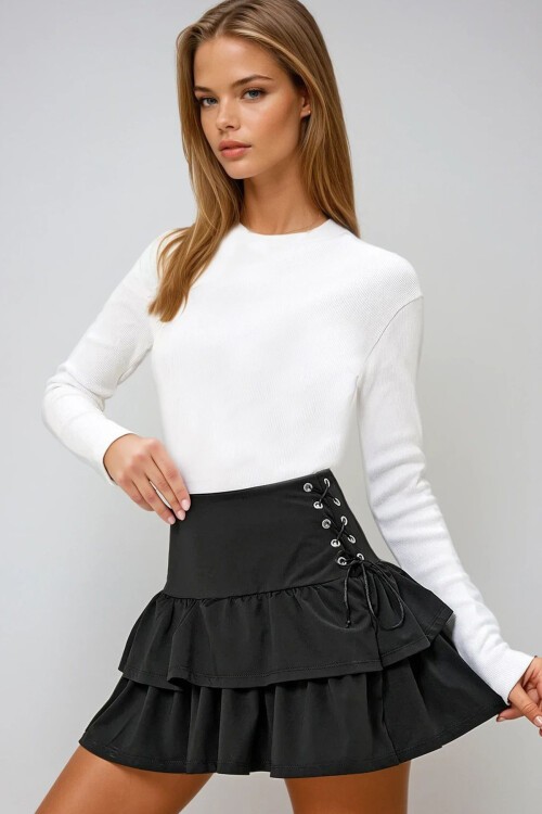 Siyah Kuş Gözü Bağlama Detaylı Kat Kat Volanlı Dokuma Etek