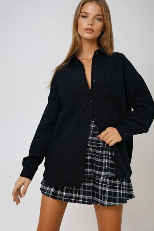 Siyah Tek Cepli Keten Görünümlü Oversize Dokuma Gömlek