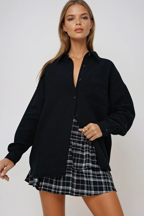 Siyah Tek Cepli Keten Görünümlü Oversize Dokuma Gömlek