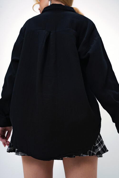Siyah Tek Cepli Keten Görünümlü Oversize Dokuma Gömlek