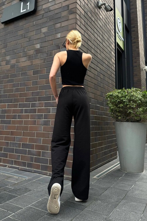 Siyah Yüksek Bel Önü Çimalı Bol Paça Çift Cepli Eşofman Altı