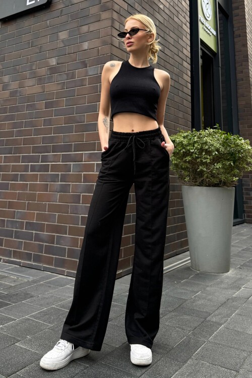 Siyah Yüksek Bel Önü Çimalı Bol Paça Çift Cepli Eşofman Altı