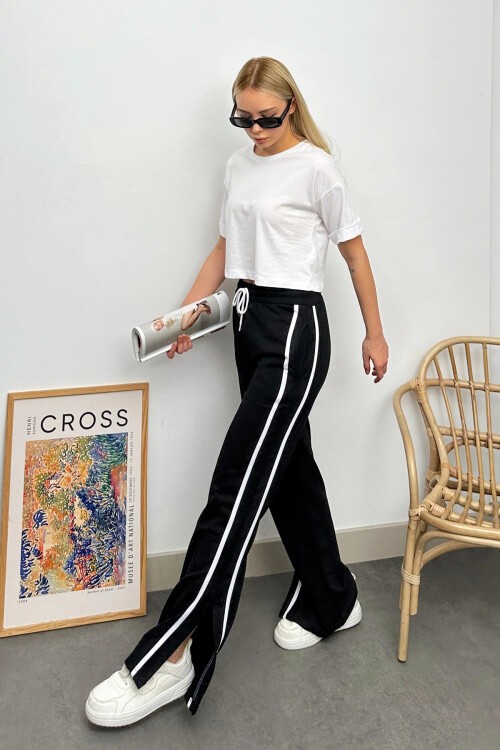 Siyah Yüksek Bel Yanı Şeritli Yırtmaçlı Eşofman Altı