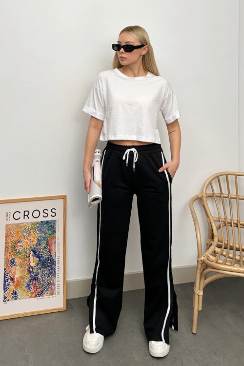 Siyah Yüksek Bel Yanı Şeritli Yırtmaçlı Eşofman Altı