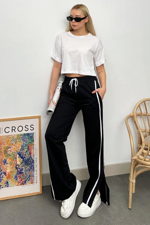 Siyah Yüksek Bel Yanı Şeritli Yırtmaçlı Eşofman Altı