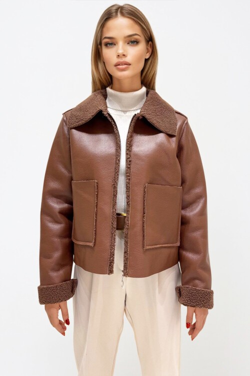 Taba Çift Cepli İçi Suni Kürklü Suni Deri Biker Ceket