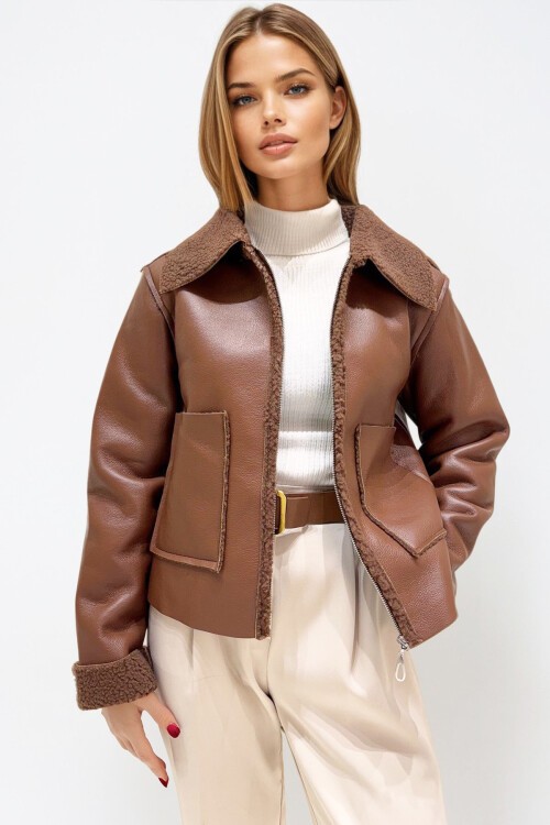 Taba Çift Cepli İçi Suni Kürklü Suni Deri Biker Ceket