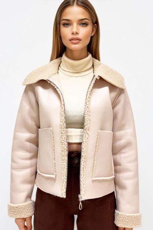 Taş Çift Cepli İçi Suni Kürklü Suni Deri Biker Ceket