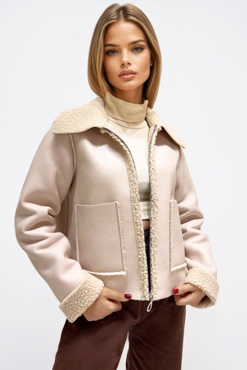 Taş Çift Cepli İçi Suni Kürklü Suni Deri Biker Ceket