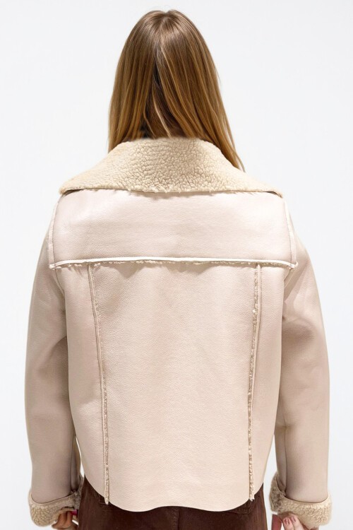 Taş Çift Cepli İçi Suni Kürklü Suni Deri Biker Ceket