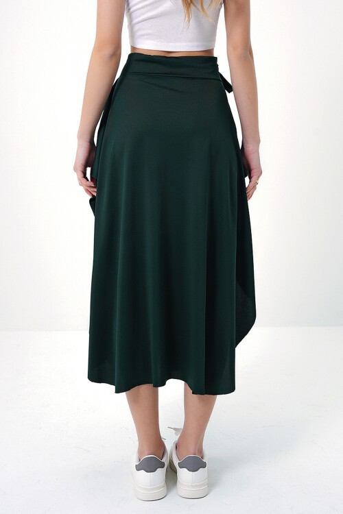 Zümrüt Yeşili Asimetrik Kesim Beli Bağlamalı Etek