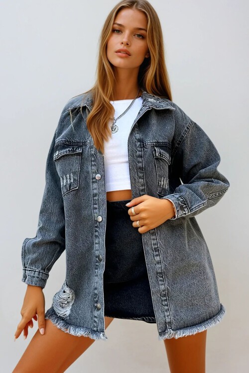 Antrasit Çift Cepli Eskitmeli Oversize Jean Ceket