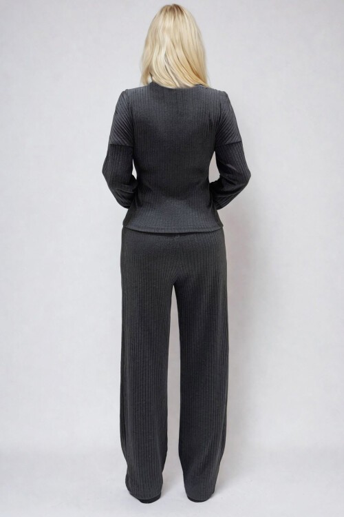 Antrasit Dik Yaka Önü Çift Yön Fermuarlı Bluz Ve Palazzo Pantolon Takım