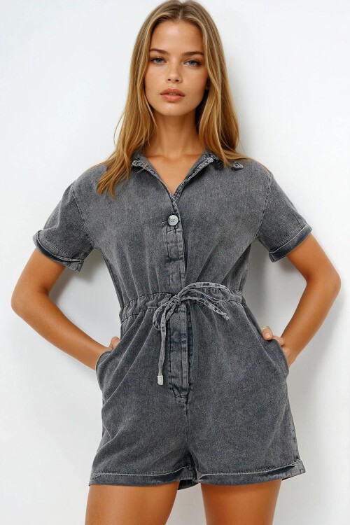 Antrasit V Yaka Belden Bağlamalı Çift Cepli Gabardin Tulum