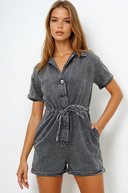 Antrasit V Yaka Belden Bağlamalı Çift Cepli Gabardin Tulum