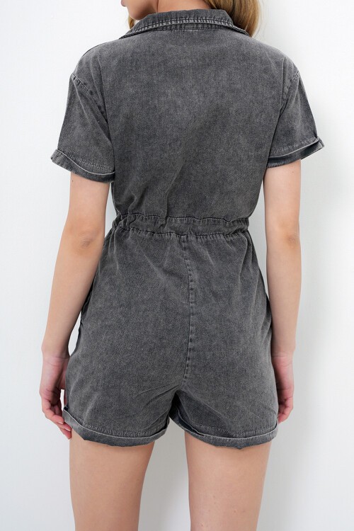 Antrasit V Yaka Belden Bağlamalı Çift Cepli Gabardin Tulum