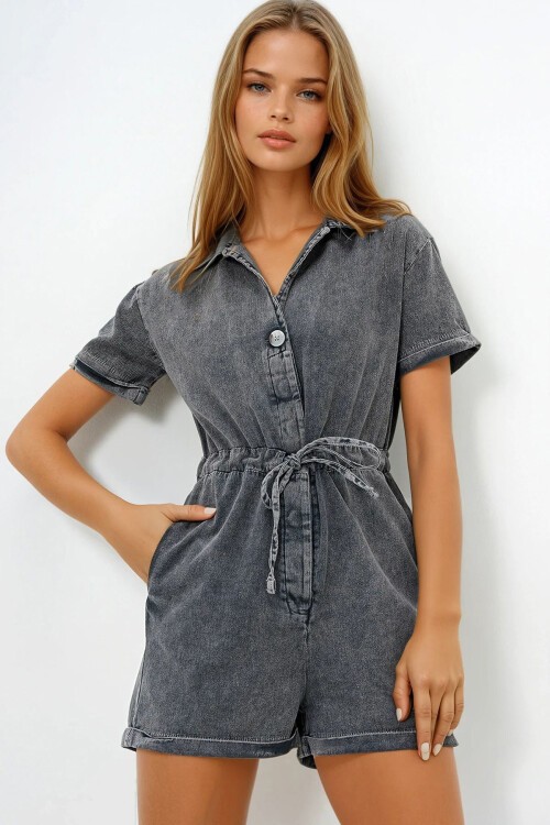 Antrasit V Yaka Belden Bağlamalı Çift Cepli Gabardin Tulum