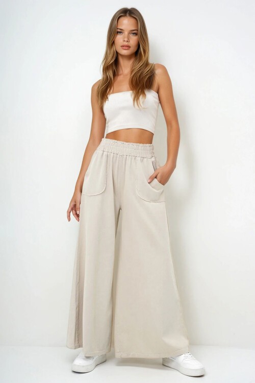 Bej Beli Gipeli Çift Cepli Bol Paça Gabardin Pantolon