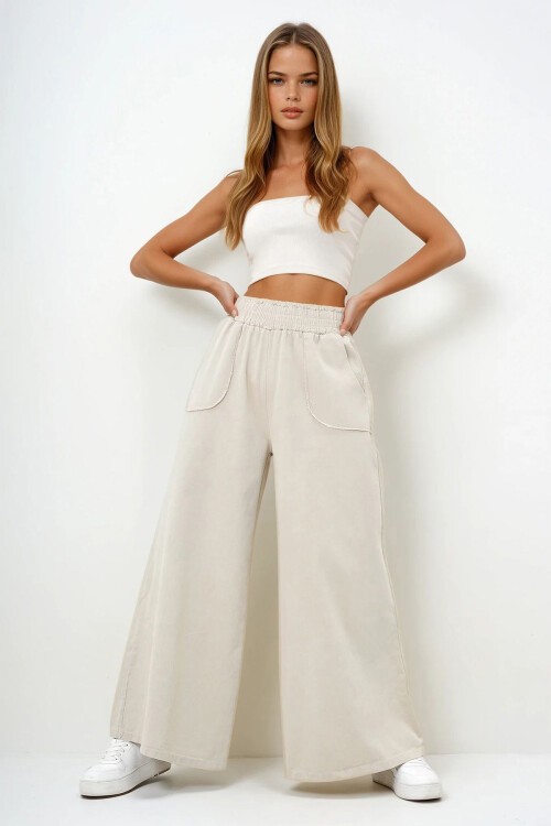 Bej Beli Gipeli Çift Cepli Bol Paça Gabardin Pantolon