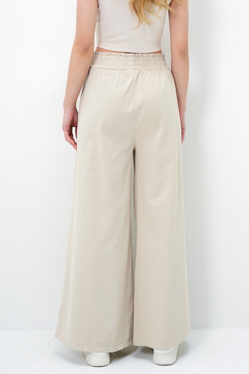 Bej Beli Gipeli Çift Cepli Bol Paça Gabardin Pantolon