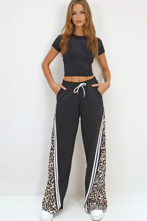 Bej Çift Cepli Leopar Desenli İspanyol Paça Pantolon