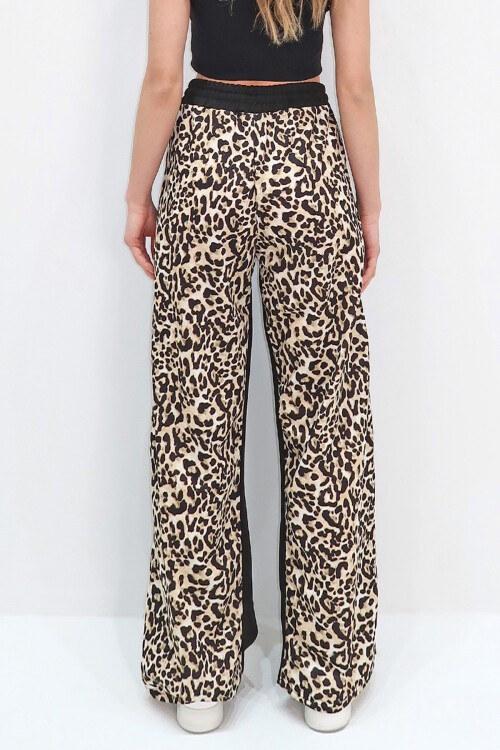 Bej Çift Cepli Leopar Desenli İspanyol Paça Pantolon