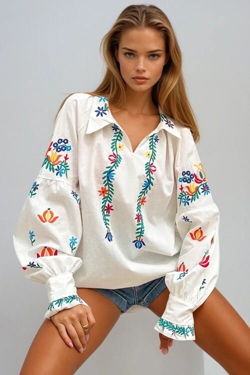 Beyaz Gömlek Yaka Balon Kol Nakışlı Keten Dokuma Bluz