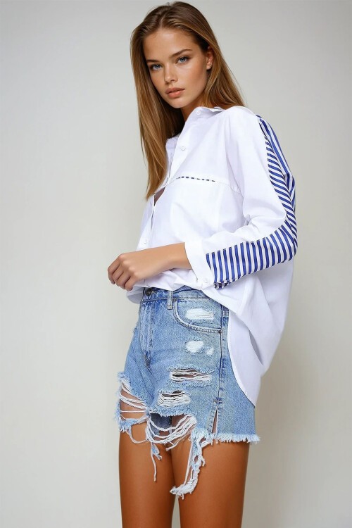 Beyaz Sırt Ve Cep Garnili Dokuma Poplin Gömlek