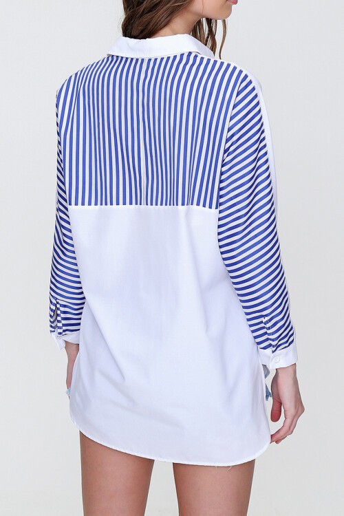 Beyaz Sırt Ve Cep Garnili Dokuma Poplin Gömlek