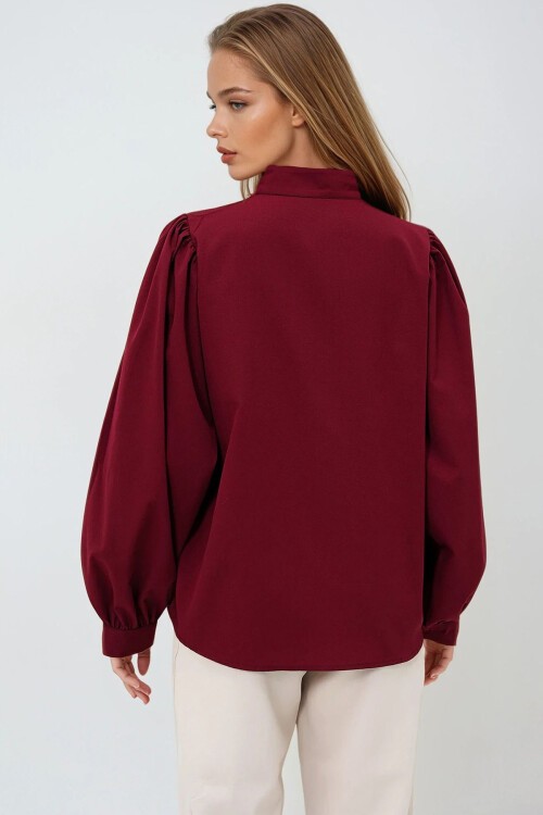 Bordo Hakim Yaka Önü Düğmeli Balon Kol Poplin Dokuma Gömlek