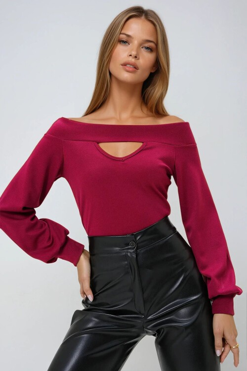 Bordo Madonna Yaka Cut Out Detaylı Örme Bluz