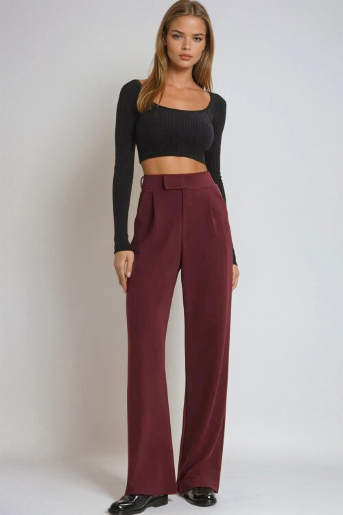 Bordo Yüksek Bel Çift Cepli Pileli Cırt Kapamalı Palazzo Pantolon