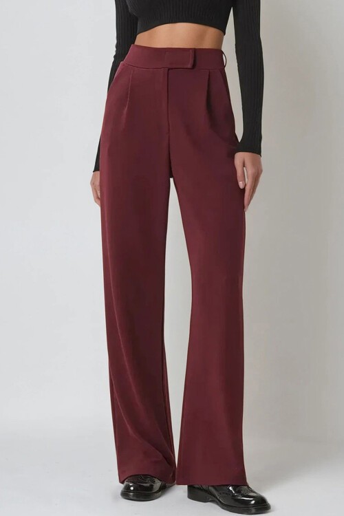 Bordo Yüksek Bel Çift Cepli Pileli Cırt Kapamalı Palazzo Pantolon