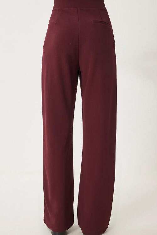 Bordo Yüksek Bel Çift Cepli Pileli Cırt Kapamalı Palazzo Pantolon