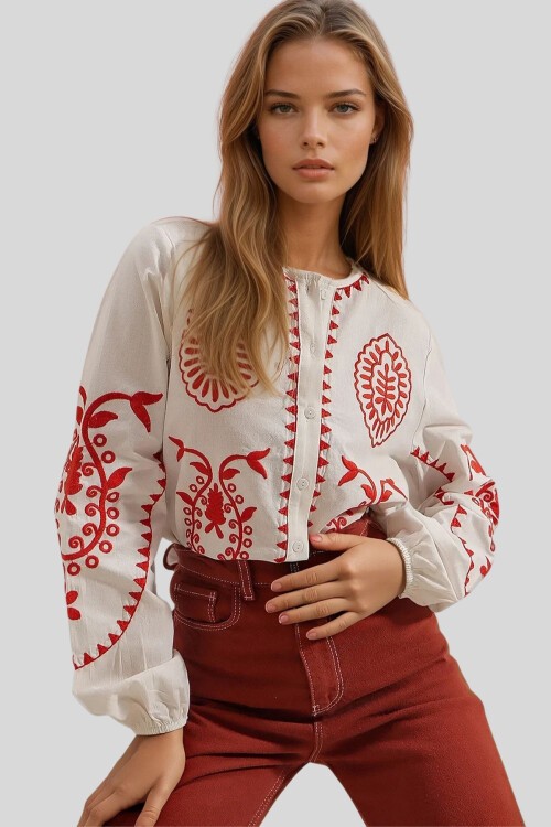 Ekru Hakim Yaka Kabartmalı Nakış İşlemeli Premium Keten Gömlek