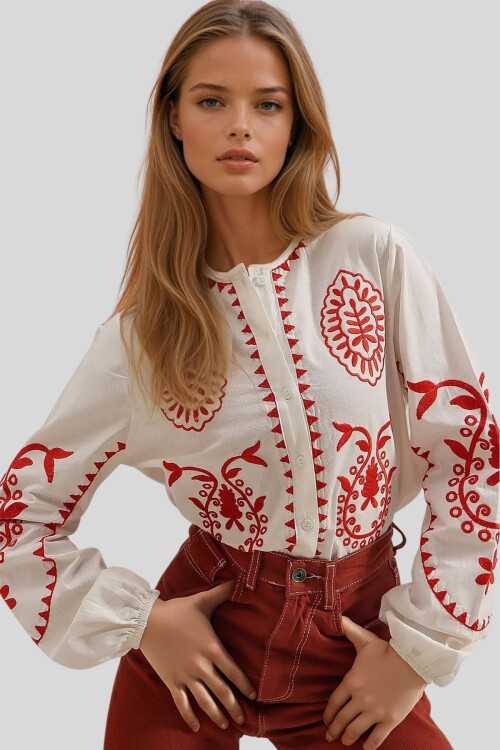 Ekru Hakim Yaka Kabartmalı Nakış İşlemeli Premium Keten Gömlek